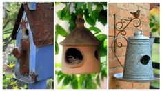 four different bird houses are shown in three pictures, one is blue and the other has brown