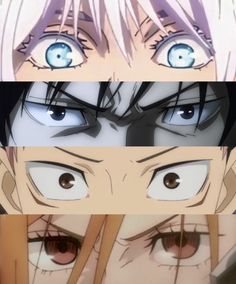 three different anime eyes with one being blue