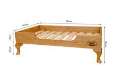 a wooden bed frame with measurements for the bottom and foot boards on each side,