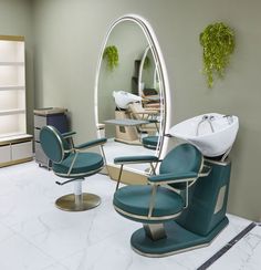 a chair and mirror in a room