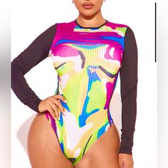 Fashion Nova She's Out Of Control Bodysuit - Multi Brand New Never Worn Spring Stretch Printed Bodysuit, Spring Printed Stretch Bodysuit, Printed Stretch Bodysuit For Spring, Stretch Bodysuit For Spring Beachwear, Fitted Color Block Bodysuit For Beach Season, Fitted Color Block Bodysuit, Casual Style, Pink One-piece Bodysuit For Spring, Fitted Color Block Casual Bodysuit, Casual Fitted Color Block Bodysuit