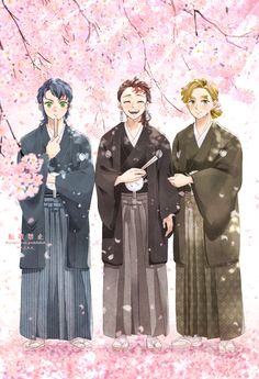 three people in kimonos standing under a tree with pink blossoms on the branches