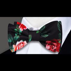 A Black Background with Red Roses and Green Petals Silk Self Tie Bow Tie Red Bow With Butterfly Knot For Party, Fitted Red Bow Tie For Black Tie Events, Elegant Bow Tie For Spring Gifts, Elegant Summer Party Bow Tie, Elegant Bow For Gift In Spring, Black Bow Tie For Summer Party, Fitted Bow Tie As A Gift, Fitted Bow Tie As Gift, Black Butterfly Knot Bow Tie