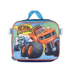 This Blaze and the Monster Machines 5-piece backpack set is a great back-to-school item for any young fan of the fun tv show. The kids' 16" backpack has 1 large front zipper pocket, 1 main compartment, 2 side mesh water bottle pockets, and adjustable padded back straps. The lunch tote has an easy carry top handle and is insulated to keep your child's snack fresh. The set also comes with a matching pencil case, a Monster Truck tire rubber pendant key ring, and a metal carabiner to hook extra item Portable Lunch Bag For Back To School, Character Style Multicolor Bag For School, Character Rectangular Bags For Back To School, Character Style Multicolor School Bag, Character Bags For Back To School Playtime, Character Bags For Back To School, Back To School Character Bag With Rectangular Shape, Multicolor Lunch Box For End Of School Year, Themed Multicolor School Bag