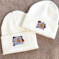 Hand Embroidered Carhartt watch hat- Acrylic beanies MADE TO ORDER Toddler size and colors listed are available now ready for orders.  Any other color or size will need to be  ordered for you! Please allow extended processing time as other sizes and colors will need to be purchased after consultation for your order.  Please send me a message to consult color, size and embroidery pattern.  Colors for floral patterns can also be custom! select custom in pattern selection and optional personalization, in addition to messaging me with your request. Name personalization is not offered White Hat For Fall Streetwear, White Streetwear Hat For Fall, White Fall Streetwear Hat, Casual Adjustable Beanie With Embroidered Logo, Casual Winter Hats With Custom Embroidery, Casual White Beanie As Gift, Toddler Carhartt Beanie, Toddler Carhartt