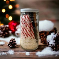 a jar filled with candy canes sitting on top of snow next to pine cones