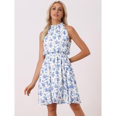 This casual floral dress features a unique floral print, so you can choose whatever style you like. The halter neck design usually gives people a fresh and romantic feeling, making you more sweet and casual. This sleeveless adds a feminine touch. It is suitable for many occasions, such as Office, Work, Cocktail, Beach, Vacation, Party, Daily, Weekend, Date, Casual, etc. Sleeveless Ditsy Floral Dress For Vacation, Spring Halter Neck Sundress With Smocked Bodice, Sleeveless Smocked Bodice Halter Dress For Summer, Sleeveless Halter Dress With Smocked Bodice For Summer, Spring Sundress With Smocked Bodice And Halter Neck, Sleeveless Dresses With Elastic Neckline For Spring, Casual Knee-length Halter Dress For Vacation, Spring Sleeveless Dress With Elastic Neckline, Sleeveless Spring Dress With Elastic Neckline