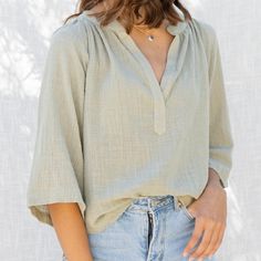 Beautiful Sage Green Blouse. Light & Airy, Perfect For Summer Weather! Flowy Cotton V-neck Blouse, Bohemian Relaxed Fit Top, Bohemian Style Relaxed Fit Tops, Spring Split Neck Blouse For Brunch, Flowy Casual Blouse, Flowy Solid Color Casual Blouse, Bohemian V-neck Solid Color Blouse, Flowy Split Neck Summer Tops, Solid Color Bohemian Blouse For Vacation