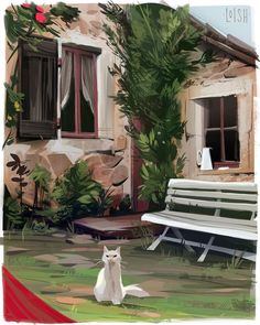 a white cat sitting on the ground in front of a bench and building with red shutters