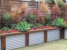 an outdoor garden area with various plants in the planter and on the side of the fence