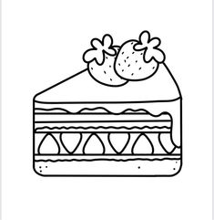 a piece of cake with strawberries on top is outlined in black and white coloring