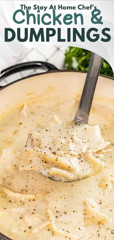 A ladle scooping out a helping of chicken and dumplings from a pot. Chicken And Dumplings Flat Noodles, Homemade Chicken And Dumplings Dough, Make Ahead Chicken And Dumplings, Chick3n And Dumplings, Homestyle Chicken And Dumplings, Chicken And Potato Dumplings, Stay At Home Chef Chicken And Dumplings, Chicken And Dumplings With Pie Crust, Chicken And Dumplings With Store Bought Dumplings