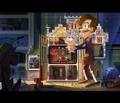 an animated image of a man and woman standing in front of a doll house