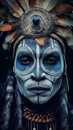 a woman with blue face paint and feathers on her head