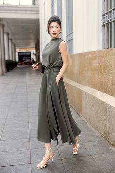 Hiera Blouson Asymmetric Neck Satin Midi Dress | MEAN BLVD Mean Blvd, Asymmetrical Neckline, Work Dress, Satin Midi Dress, Green Grey, Classic Silhouette, Designer Collection, Satin Fabric, Silk Satin