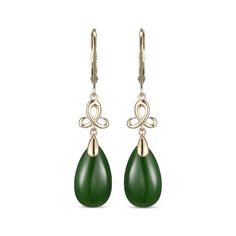 These nephrite jade dangle earrings add an intriguing touch of elegance to your wardrobe. Crafted in 14K yellow gold Each earring features a trefoil bridge that holds a pear-shaped nephrite jade drop The earrings secure with lever backs Teardrop Jade Earrings For Formal Occasions, Elegant Yellow Gold Jade Earrings, Elegant Jade Dangle Earrings, Elegant Jade Drop Earrings, Formal Yellow Gold Jade Earrings, Elegant Jade Teardrop Earrings, Elegant Teardrop Jade Earrings, Elegant Teardrop Jade Jewelry, Elegant Jade Drop Jewelry