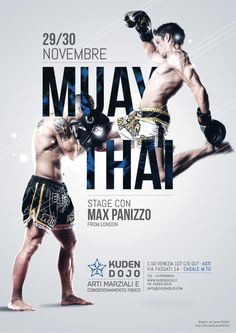 an advertisement for muay thai boxing with two men in the middle of each kick