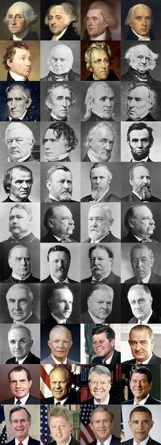 many different pictures of presidents in suits and ties, all with their heads turned to the same