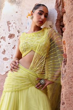 Buy Green Blouse Georgette Embroidered Mahi Pre-draped Skirt Saree With For Women by Seema Thukral Online at Aza Fashions. Seema Thukral, Green Skirt Set, Skirt Saree, Lime Green Skirt, Statement Skirt, Drape Saree, Indian Wedding Wear, Georgette Blouse, Draped Skirt