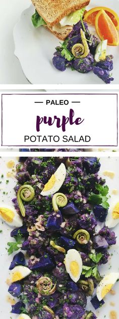 two plates with different types of food and the words paleo purple potato salad on them