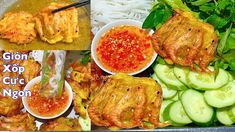 various pictures of food including chicken, cucumbers and rice with sauces on them