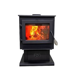 a black stove that is on top of a stand with flames in the front and back