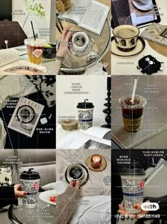 a collage of photos with coffee cups, books and other things in them on a table