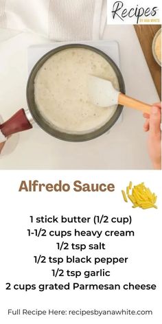 the recipe for alfredo sauce is shown with instructions to make it and how to use it