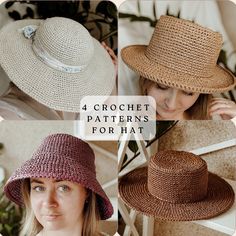 four different hats for women with the words crochet patterns for hat on them