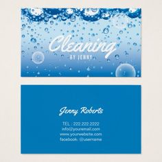 cleaning business card with bubbles and water on the bottom, in blue hued colors