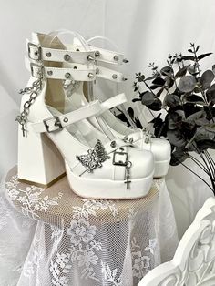 White Mary Jane Shoes, Pretty Heels, Goth Shoes, Cute Shoes Heels, Kawaii Shoes, Metal Butterfly, Fancy Shoes, Cute Heels, Girly Shoes