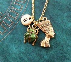 Nefertiti Necklace SMALL Scarab Necklace Personalized Jewelry Egyptian Jewelry Egyptian Necklace Gre Nefertiti Necklace, Beetle Necklace, Green Beetle, Delicate Gold Jewelry, Egyptian Necklace, Nickel Free Jewelry, Key Jewelry, Egyptian Jewelry, Antique Gold Jewelry