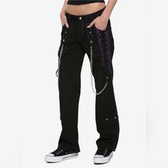 Brand New With Tags! Hot Topic Tripp Nyc Pants. Add A Splash Of Purple To Your All Black Uniform With These Pants From Tripp. Featuring A Back Zipper Leg Opening, Chains, Front Lace-Up Panels, Purple Ruffles, And Purple Contrast Stitching,. 100% Cotton. Measurements In Photos. **Our Sales Help Us Stock Shelters To Care For Animals In Need! Every Purchase Helps Us Save Lives!** Free Shipping! Please Remember That Free Shipping Is Already An Incredible Discount. Bundle & Save! 15% Off 3 Or More It Tripp Nyc, Lace Pants, Hot Topic, Lace Front, All Black, Ruffles, Pant Jumpsuit, Pants For Women, Lace Up