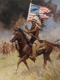 an oil painting of a native american man riding a horse with a flag on his back