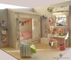 a doll house with furniture and accessories in the room, including a bed, desk, chair, bookshelf and window