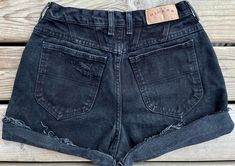 "black Riders denim cut-off shorts, super high rise  Size 10/28 Flat Measurements- waist: 14\" hips across: 19\" rise: 12\"" Black Jean Shorts With Belt Loops For Summer, High Waist Black Jean Shorts With Belt Loops, High Rise Black Jean Shorts With Belt Loops, Vintage Black Jean Shorts For Summer, Vintage High Waist Black Shorts, Vintage Black Denim Shorts, Columbia Pullover, Sherpa Lined Jacket, Lee Jeans