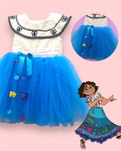 Perfect dress for your princess, made of the best quality and with a unique design. Our princess dresses have crinoline sewn into the lining which will add extra volume. Your Princess will love her Maribel Encanto dress because when she puts it on, she will feel like a unique Princess and ready for her event.   Incluye / Includes: Vestido / Dress  Detalles / Details: Tul, Flores Chicas 3D, Crinolina cosida en el forro de tul /Tulle, Mini 3D Flowers, sewn in tulle lining so you can pull out for m Princess Tulle Dress For Costume Party, Whimsical Blue Dress For Dress-up, Blue Sleeveless Tutu Dress For Fancy Dress, Princess Style Ruffle Dress For Halloween, Fairytale Tulle Costume Dress, Princess Halloween Dress With Ruffles, Princess Style Dress For Halloween Role Play, Princess Style Halloween Dress With Ruffles, Halloween Princess Dress With Ruffles