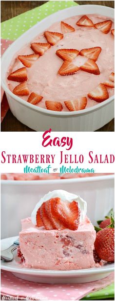 strawberry jello salad in a white dish with strawberries on top and the title overlay reads easy strawberry jello salad