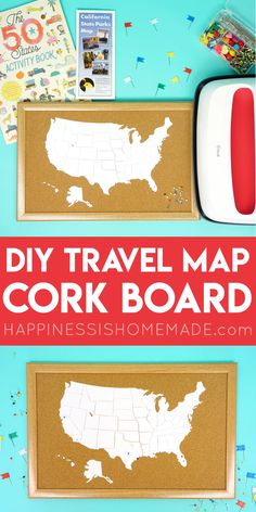 a cork board with the words diy travel map cork board on it and some other items