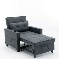 a black leather reclining chair and ottoman with storage compartment on the bottom right side