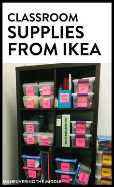 the classroom supplies from ikea are organized on a bookcase with pink and blue labels