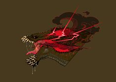 a red and black dragon head with flames coming out of it's mouth on a brown background