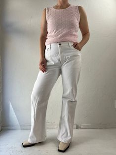 "- Vintage Levis white jeans  - 100% Cotton denim - Made in Canada - Tagged Size 34 x 32 - Mint Condition save a small stain next to fly Waist: 33\" Hip: 22\" Inseam: 32\"" Casual Fitted White Jeans, White Fitted Jeans For Everyday, Classic White Cotton Jeans, White Mid-rise Casual Jeans, Casual White Mid-rise Jeans, White Straight Leg Jeans For Spring, White Fitted Cotton Jeans, Fitted White Cotton Jeans, White Five Pocket Jeans For Spring