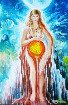 a painting of a woman holding a ball in front of a full moon and water