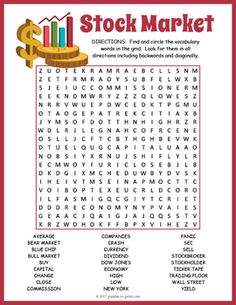 the stock market word search is shown in red and white, with gold coins on it