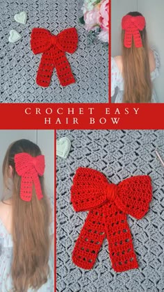 crocheted hair bow is shown in three different pictures