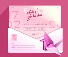 an origami bird is on top of a pink envelope with the words can chim out la thu?