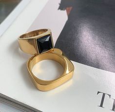 gold dainty jewelry Croissant Ring, Onyx Signet Ring, Square Ring, Waterproof Jewelry, Square Rings, Onyx Stone, Recycled Gold, Square Shape, Gold Plated Jewelry