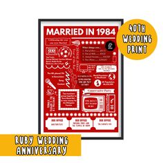 a red poster with the words married in 1994 and an image of a wedding date