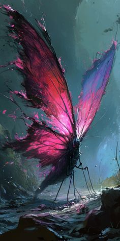 a painting of a pink butterfly with purple wings flying in the air over water and rocks